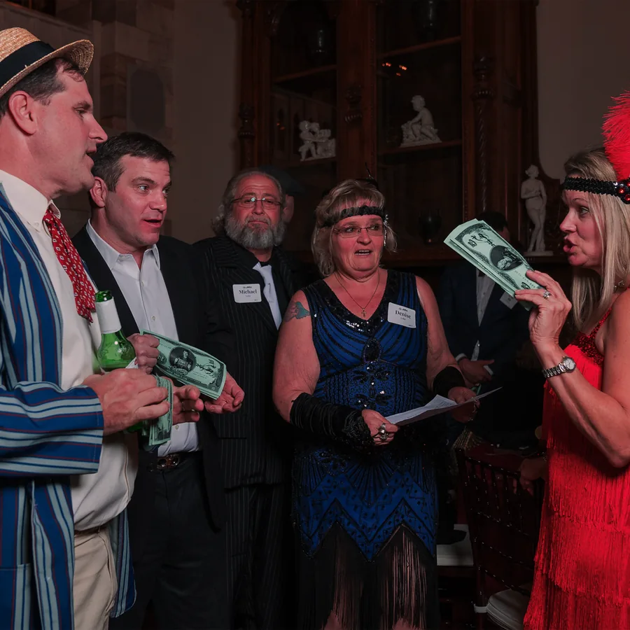 Guests at a Murder Mystery Company public dinner show in Philadelphia